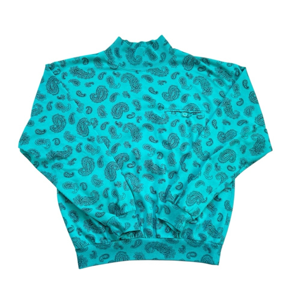 Vintage Y2K Unbranded Turtleneck Top Teal Paisley Western Print